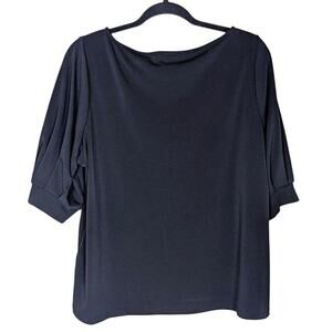 H&M Top Women Large Black Black Crepe Basic Top Short Gathered Sleeve